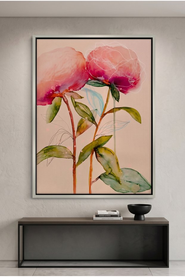 Pink Peony Nature Wall Art | Portrait Framed Canvas Print | Luxury Modern Botanical Decor for Living Room
