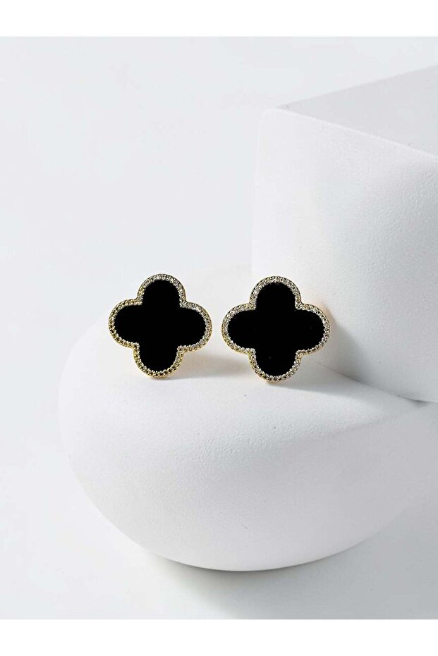 Black Stone Large Size Clover Earrings