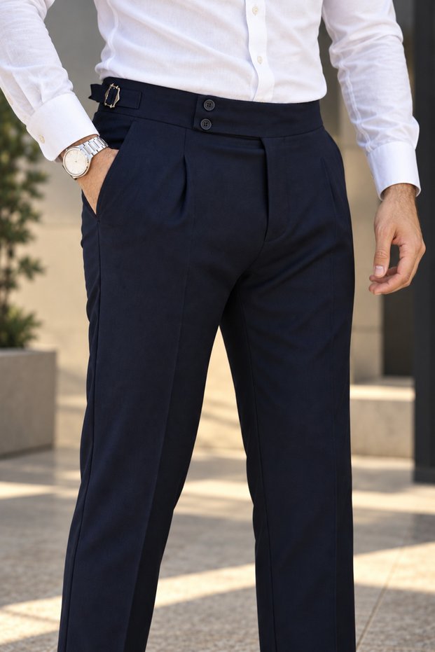 Navy Blue Old Money Pleated Stretch Fabric Fabric Trousers