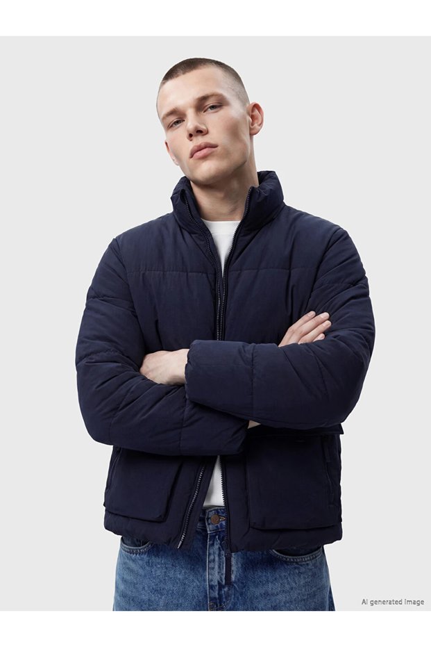Navy Blue Relax Fit High Collar Men's Puffer Jacket