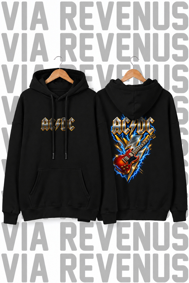 Acdc Printed Unisex Wide Fit Hooded Hoodie Sweatshirt