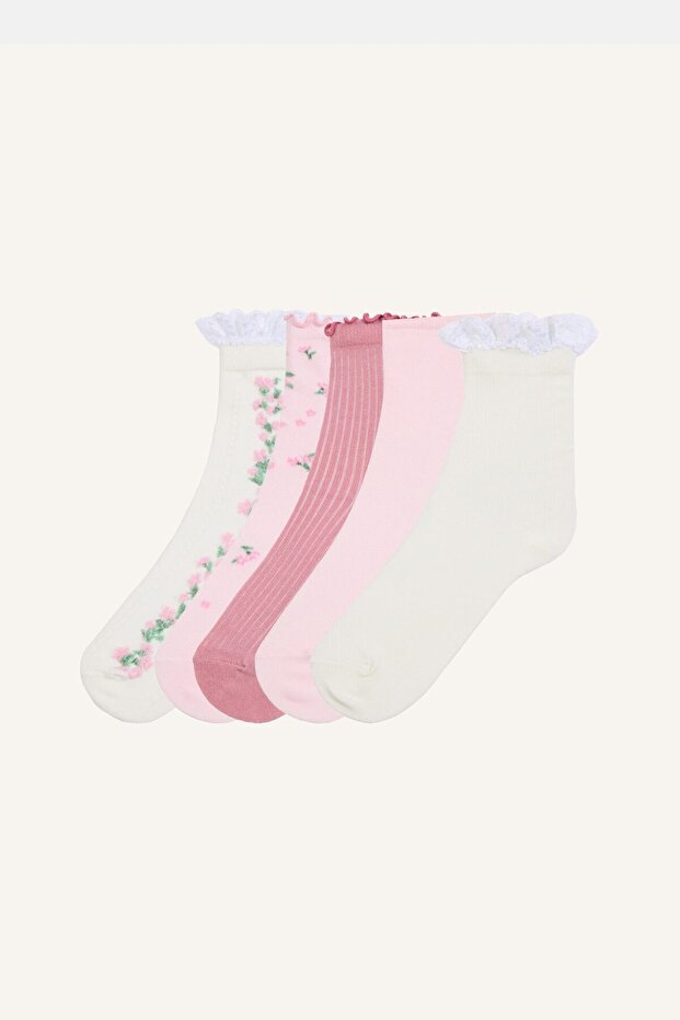 5-Piece Ruffled Floral Cotton Long Socks for Girls I5732A8Ns