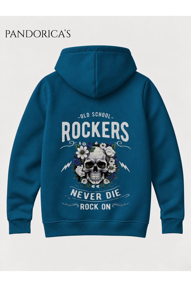 Rock&Roll Design with "Old School Rockers Never Die" Printed on the Back Unisex 100% Cotton 3 Thread Winter Hooded Kangaroo Pocket Basic Sweatshirt (Hoodie)