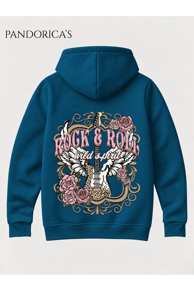 Rock&Roll Vintage Design "Wild Spirit" Written Guitar Back Print Unisex 100% Cotton 3 Yarn Winter Hooded Kangaroo Pocket Basic Sweatshirt (Hoodie)