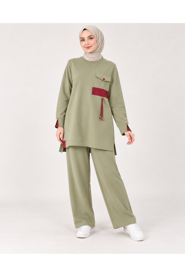 Women's Khaki Pocket and Tassel Detailed Tunic Trousers Two-Piece Set