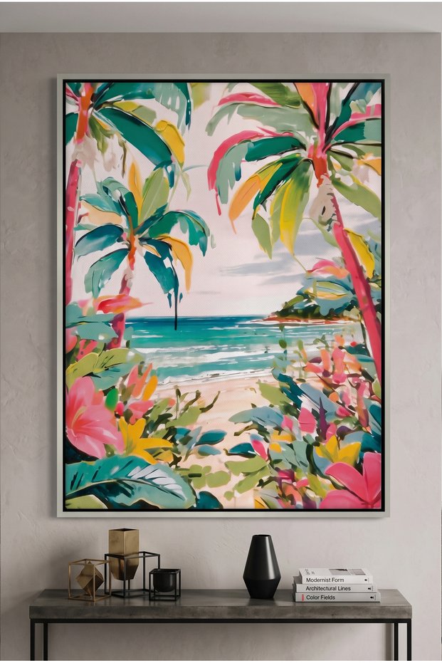 Vibrant Tropical Palm Tree Nature Wall Art | Portrait Framed Canvas Print | Luxury Modern Botanical Decor for Living Room