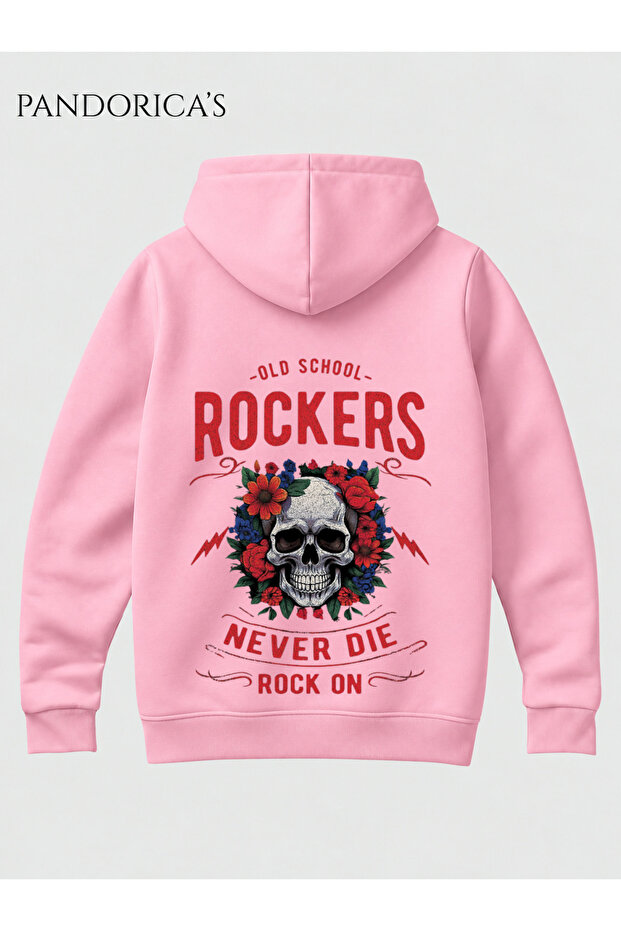 Rock&Roll Design with "Old School Rockers Never Die" Printed on the Back Unisex 100% Cotton 3 Thread Winter Hooded Kangaroo Pocket Basic Sweatshirt (Hoodie)