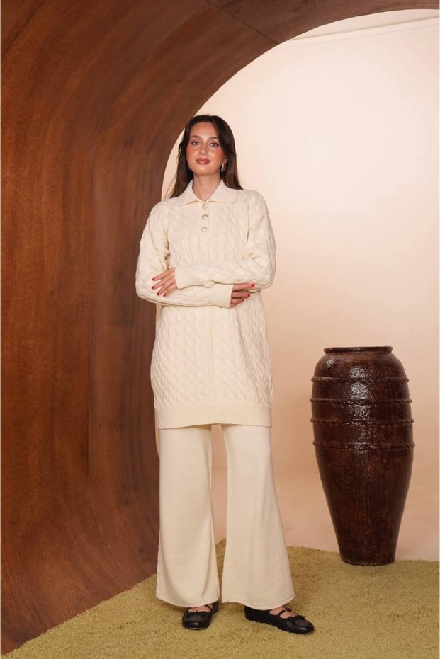 Women's Polo Collar Hair Braided Textured 2-Piece Hijab Knitwear Set 8568
