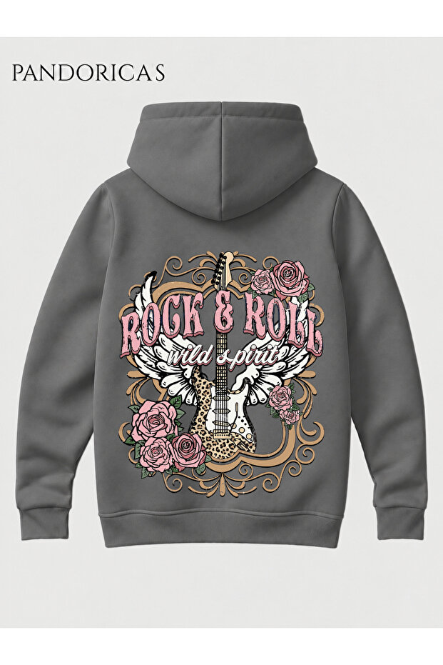 Rock&Roll Vintage Design "Wild Spirit" Written Guitar Back Print Unisex 100% Cotton 3 Yarn Winter Hooded Kangaroo Pocket Basic Sweatshirt (Hoodie)