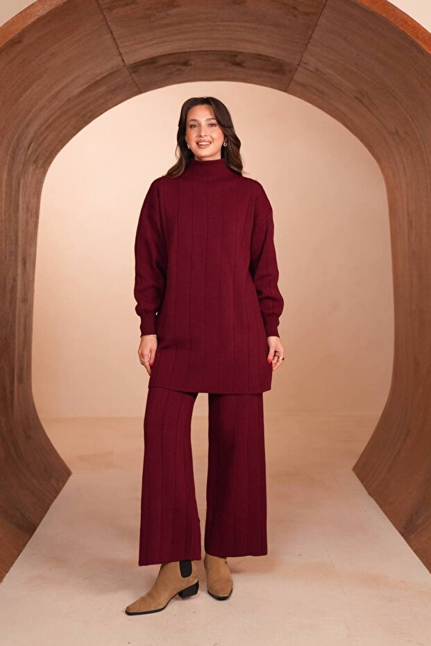Women's Vertical Ribbed High Collar 2-Piece Hijab Knitwear Set 8615