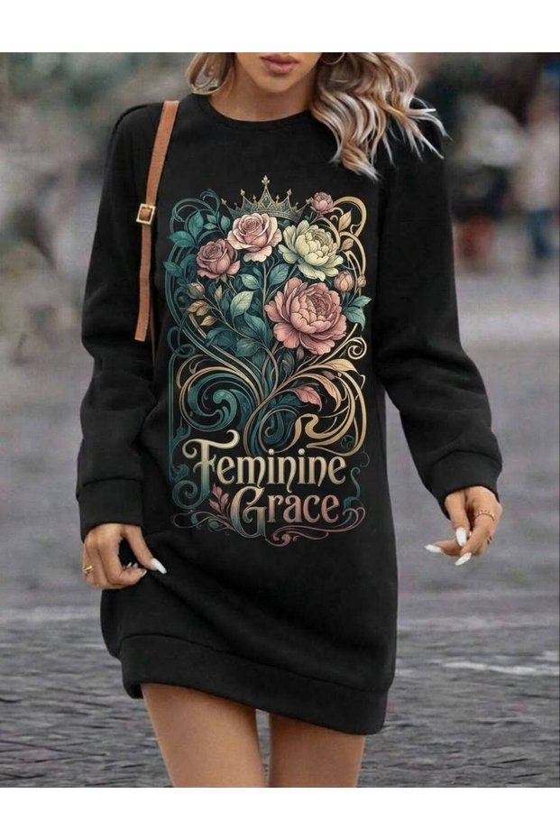 Women's Black Floral Printed Long Tunic 90 Length Raised Knitted Tunic