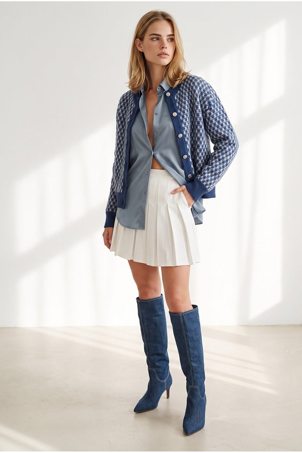 Women's Navy Blue Crew Neck Buttoned Knitwear Cardigan Hrk-19000521