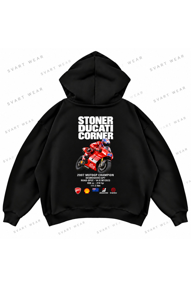 Casey Stoner · Ducati Desmosedici Gp7 · 2007 Front and Back Printed Black Oversize Boxy Hoodie