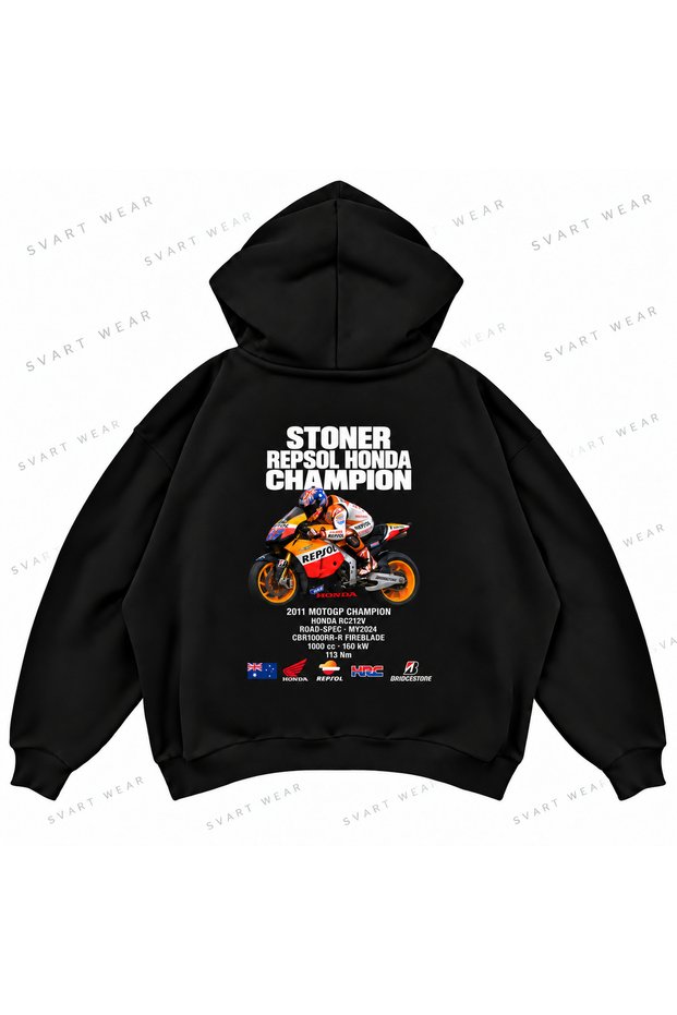 Casey Stoner · Honda Rc212V · 2011 Front and Back Printed Oversize Boxy Hooded Hoodie