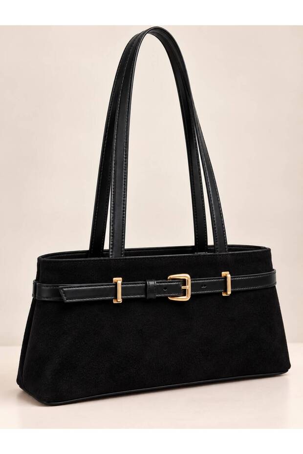 Women's Leather Belt Detail Black Suede Shoulder Bag