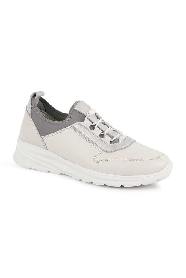 Women's Sports Shoes L10.2272 Ecru Genuine Leather with Glittering Stripe Detail Flexible Practical Lace-Up Lightweight Eva Ta