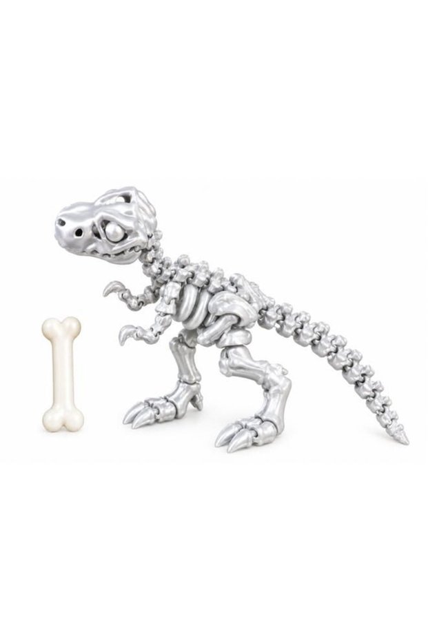 3D Printed Articulated Dinosaur Skeleton Toy with Movable Joints & Bone Accessory – Silver