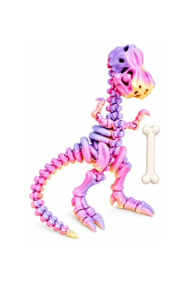 3D Printed Articulated Dinosaur Skeleton Toy with Movable Joints & Bone Accessory – Pink, Purple & Yellow