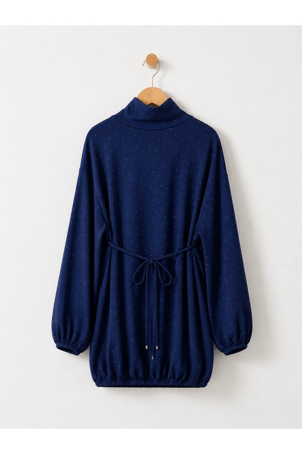 Stone Detailed Tunic with Piping Belt - 0026 - Navy Blue