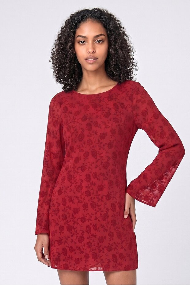 Women Floral Pattern Mini Dress, Maroon
