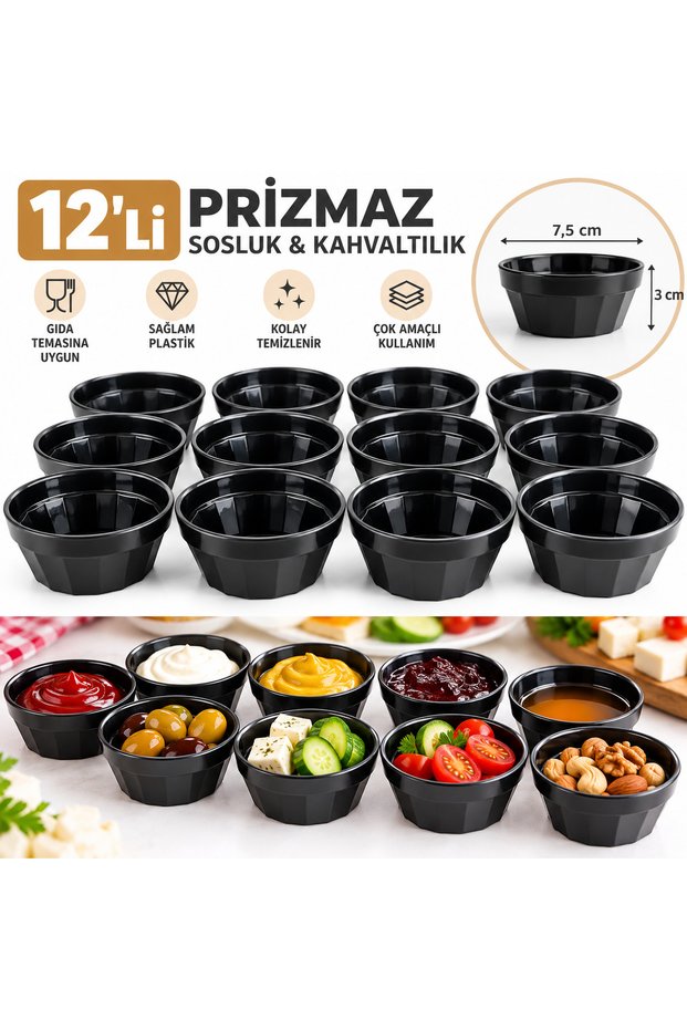 Set of 12 Black Prisma Sauce Bowls, Snack Bowls, Jam Bowls, Breakfast Bowls, Mezelik Sauce Bowls