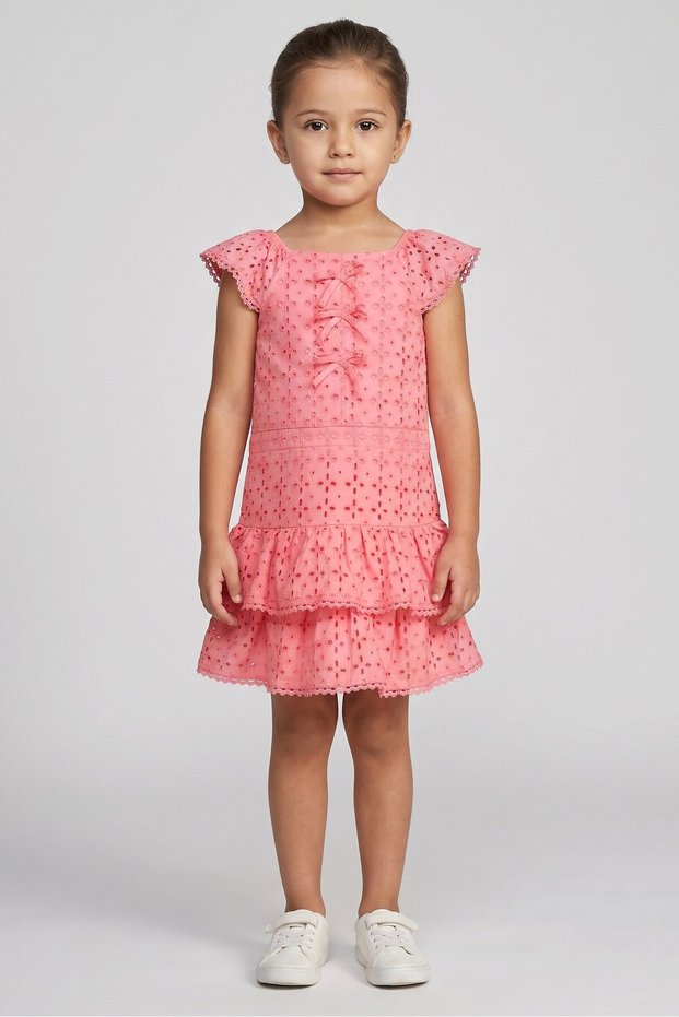 Kids Girl Eyelet Dress, Light Red