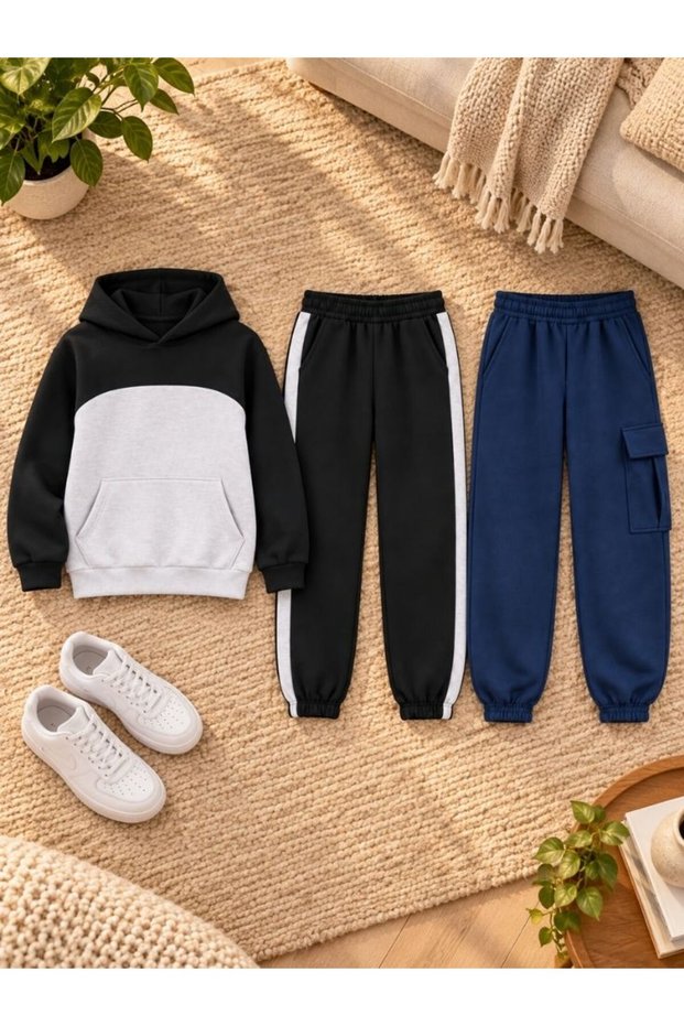 Busekids Unisex Garnili Hooded Set + Cargo Pocket Sweatpants 3 Pieces