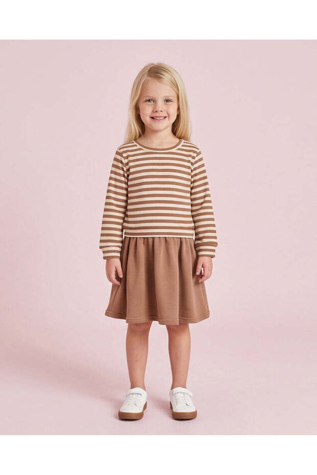 Girls Brown And Ivory Striped Dress