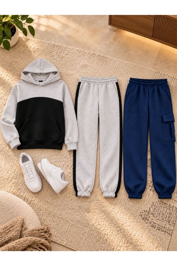 Busekids Unisex Garnili Hooded Set + Cargo Pocket Sweatpants 3 Pieces