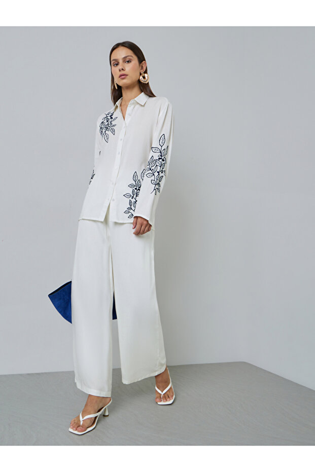 Off White Embroidered Shirt and Pants Set