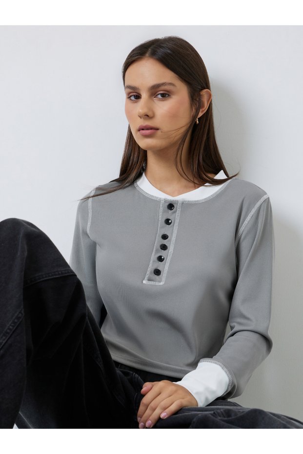 Grey Ribbed Long Sleeve Henley T-Shirt
