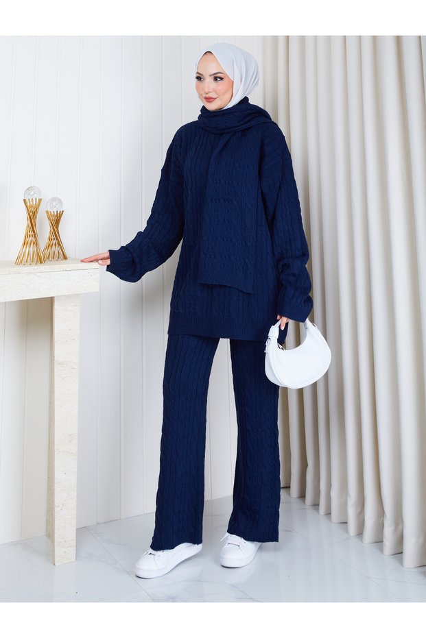 Women's Knitted Tricot Suit with Tie-Up Hairband and Pants