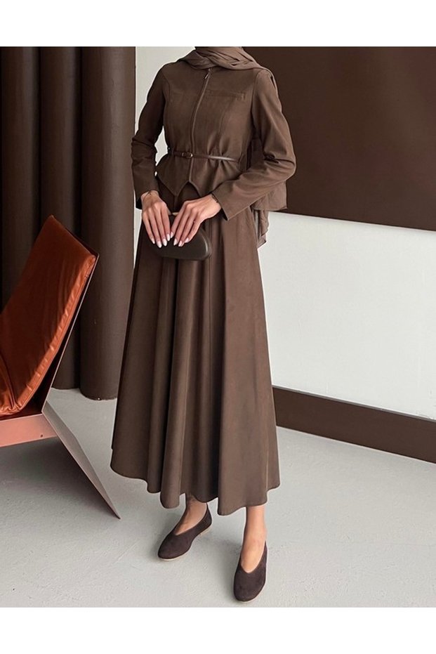 Zippered Leather Belted Skirt Set - 3215 - Bitter Brown