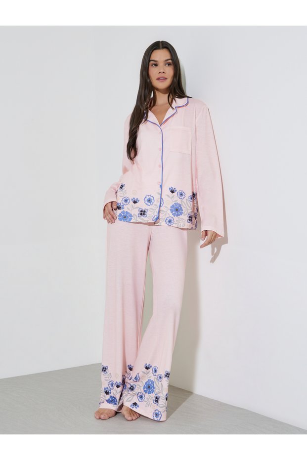 Pink Floral Border Print Piped Collar Shirt and Wide Leg Pyjama Set