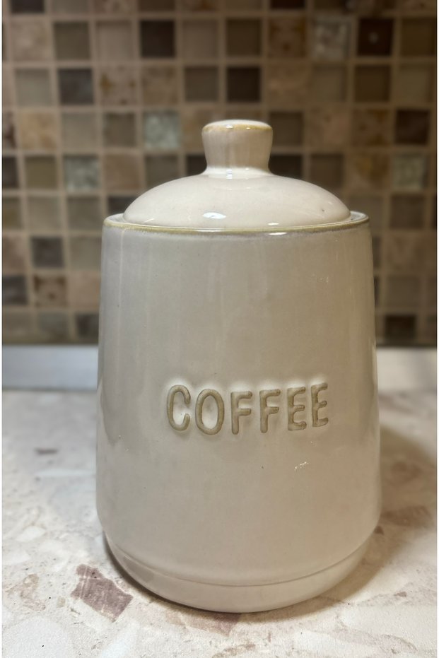 Recipient ceramic pentru cafea cu capac, alb crem