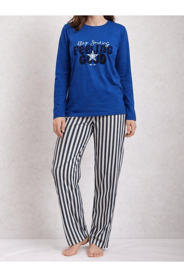 Striped Long Sleeve Pajama Set - 2884 - Saks Blue & Navy Blue