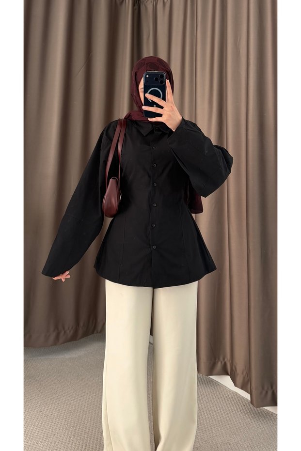 Wide Sleeve Shirt with Adjustable Belt on the Back - Black