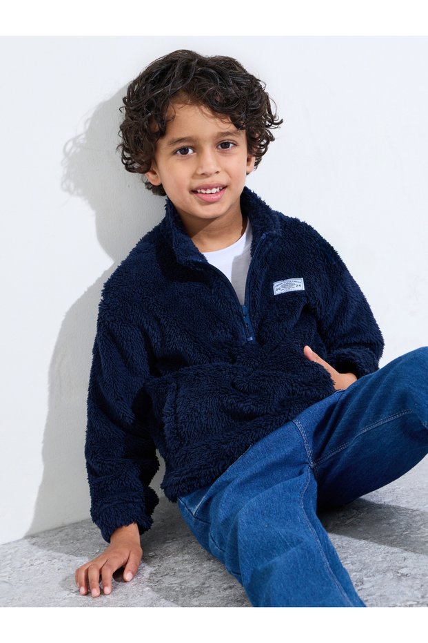 Boys Navy Blue Half-Zip Teddy Fleece Sweater with Pockets