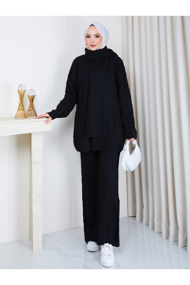 Women's Knitted Tricot Suit with Tie-Up Hairband and Pants