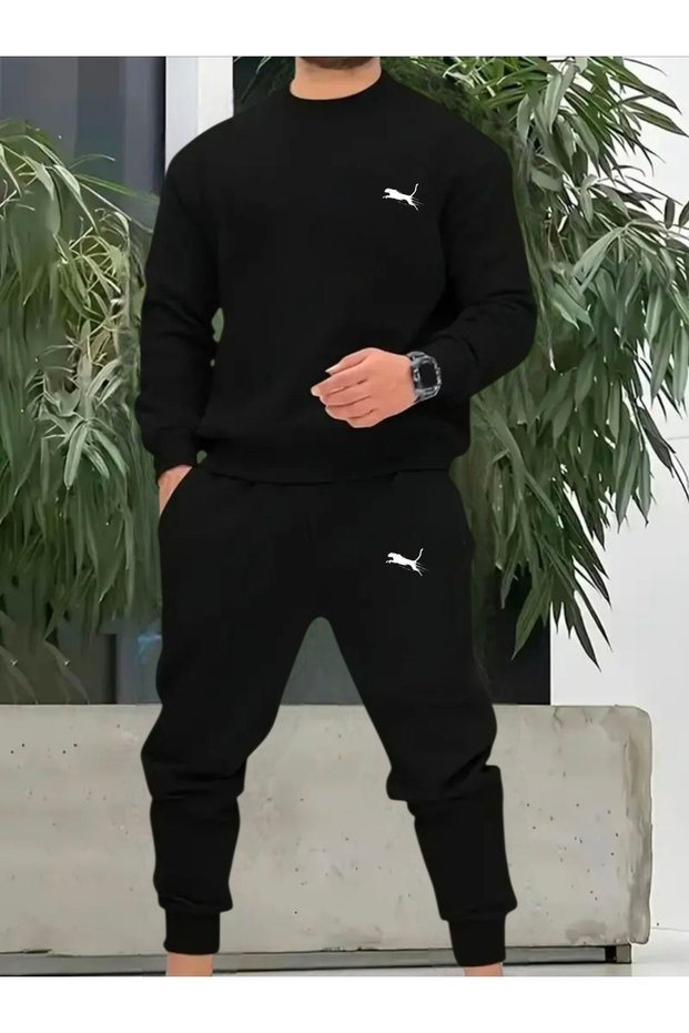 Men's Minimal Leopard Bottom Top Set Fashion Print Design Hooded Crew Neck Sweatshirt Relaxed Fit Casual Sports