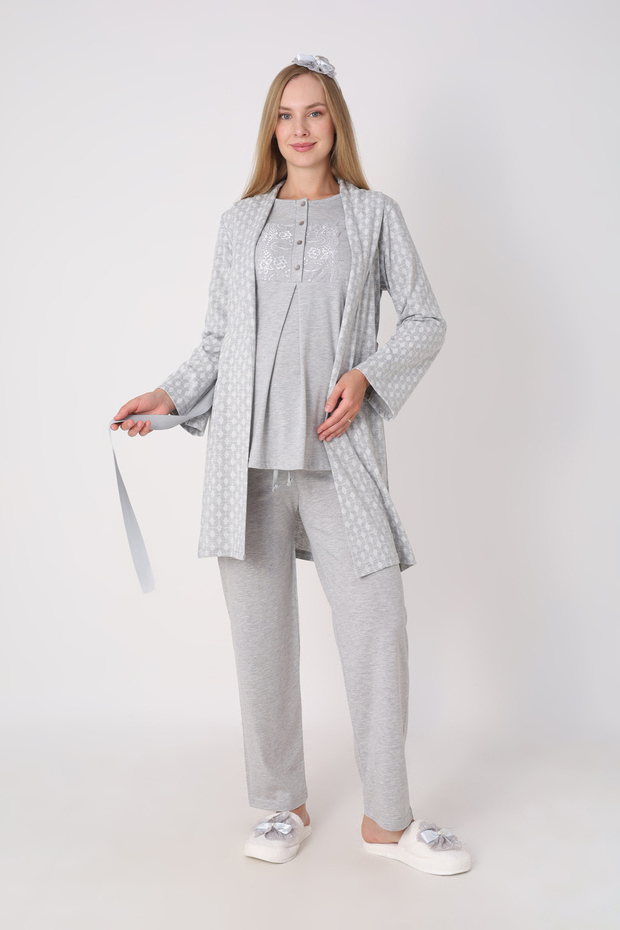 Maternity Pajama and Robe Set – 3-Piece Maternity Set, Self-Patterned Robe and Lace Top