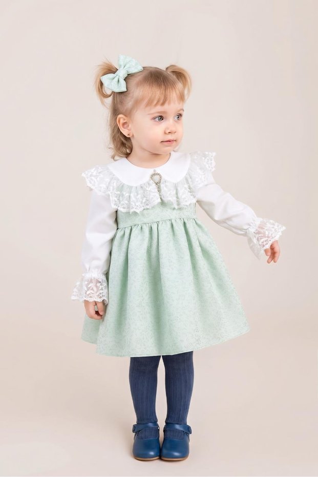 Embossed Crepe Mint Green Pearl and Lace Detailed Girls' Baby Dress