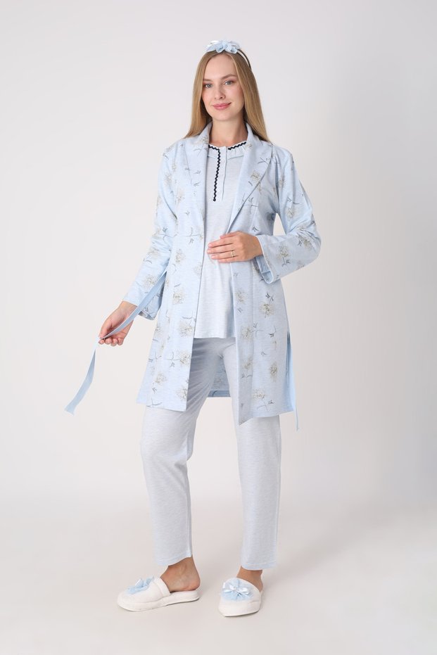 Maternity Pajama and Robe Set – 3-Piece Maternity Set, Floral Patterned and Contrast Trim Detail
