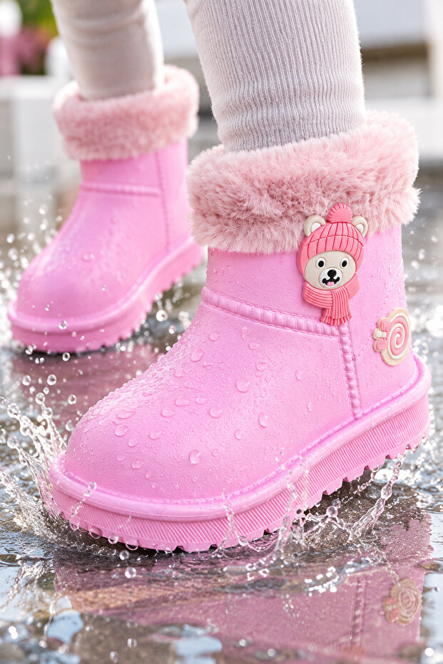 Children's Waterproof Rain Boots with Plush Detailing, Teddy Bear Figure, and Fur Inside