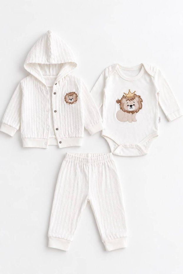 Baby Boy Lion Embroidered Hooded 3-Piece Set Long Sleeve Body Cardigan Pants