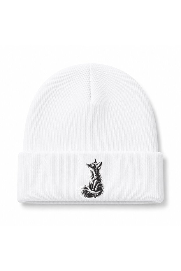 Moon Gaze Fox & Crescent Graphic Beanie