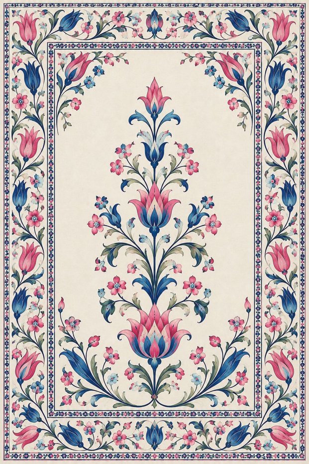 Carnation Pattern Classic Patterned Digital Print Prayer Rug – Traditional Motif Prayer Mat
