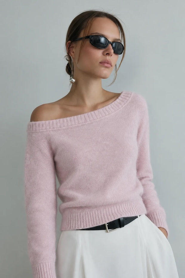 Women's Dusty Pink Boat Neck Soft Textured Knitwear Sweater