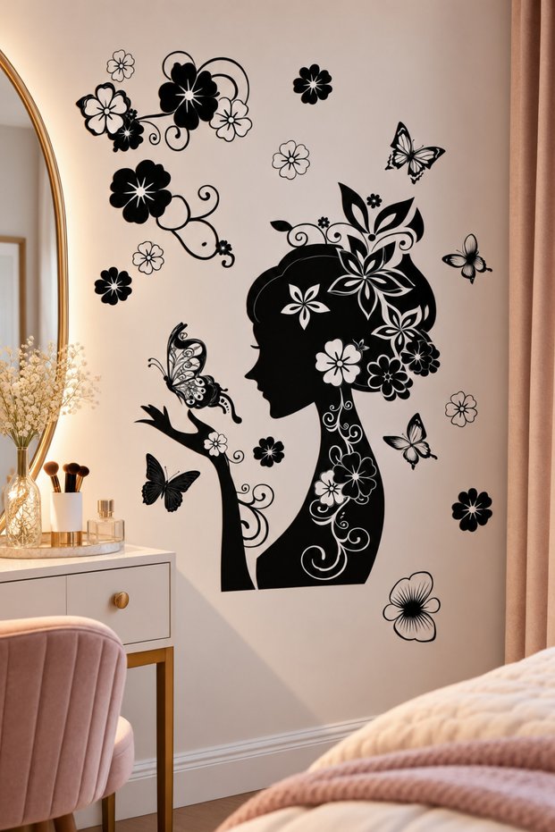 3D Glittery Woman Silhouette Wall Sticker 32X50 cm Butterfly Flowered Black and White Wall Decoration
