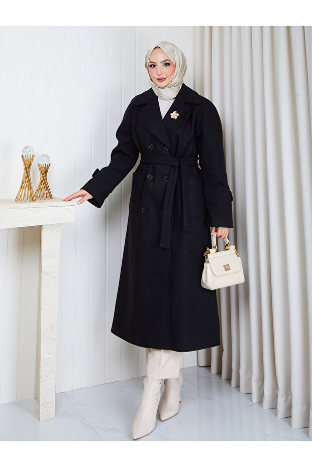 Women's Broshe-Detained Belted Lined Premium Oversize Checked Coat